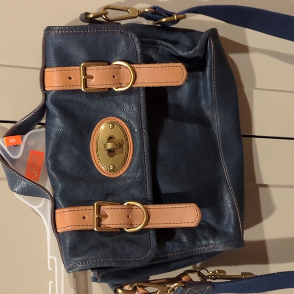Fossil navy leather satchel with brown leather detail and gold hardware. - Picture 2 of 10
